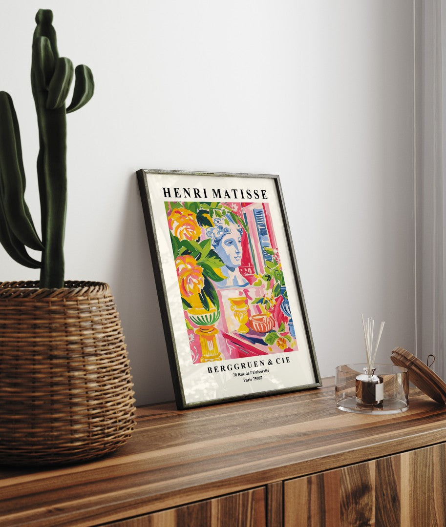 Framed art print with floral background and bust in expressive painterly style.