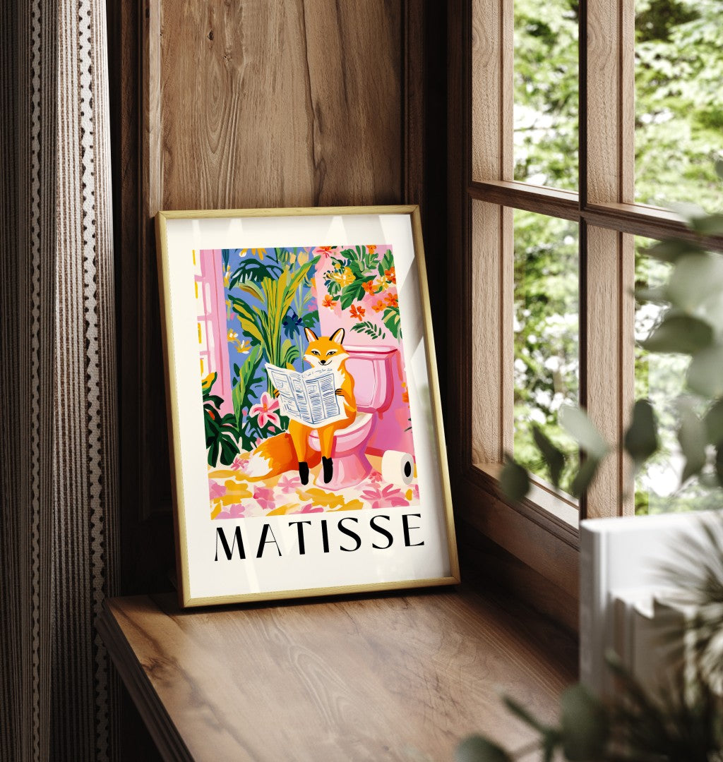 Whimsical Matisse-style wall print featuring a fox in a floral bathroom.