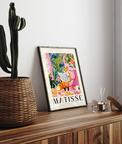 Humorous bathroom art with a fox and bold botanical backdrop.