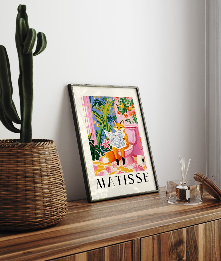 Humorous bathroom art with a fox and bold botanical backdrop.