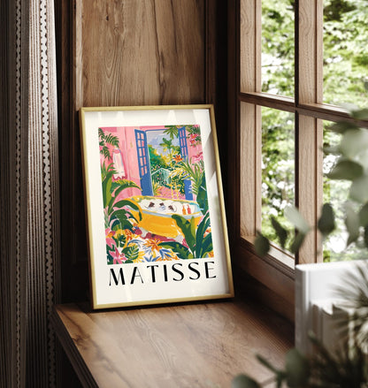 Matisse-style framed print of three bathing rats in a vibrant floral bathroom.