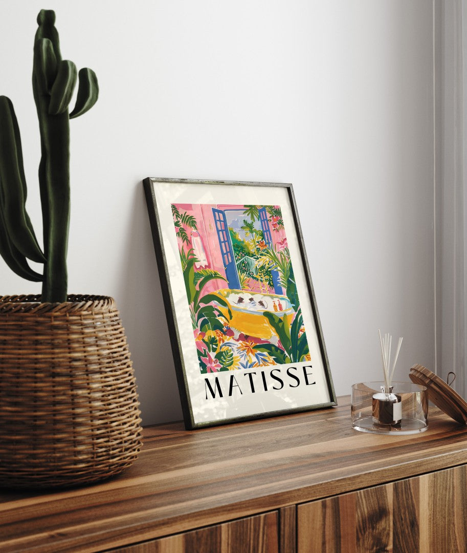 Colorful tropical bathroom scene with three rats in a bubble-filled tub framed print.