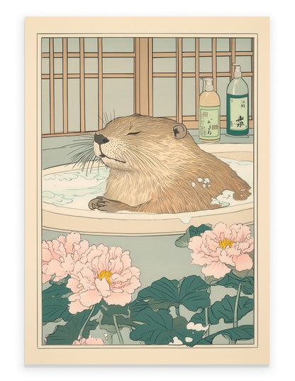 Beaver soaking in a Japanese floral bath with petals and greenery