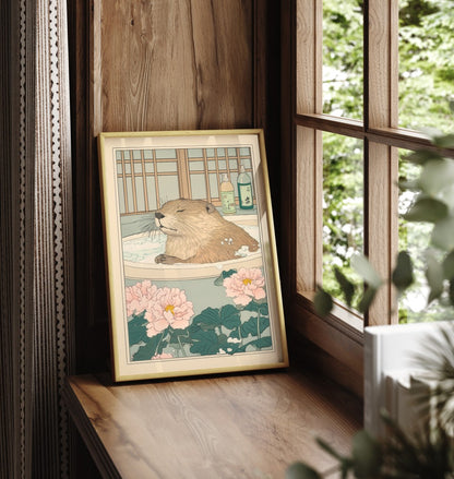 Framed beaver bathroom print with cozy woodland details and soft colors
