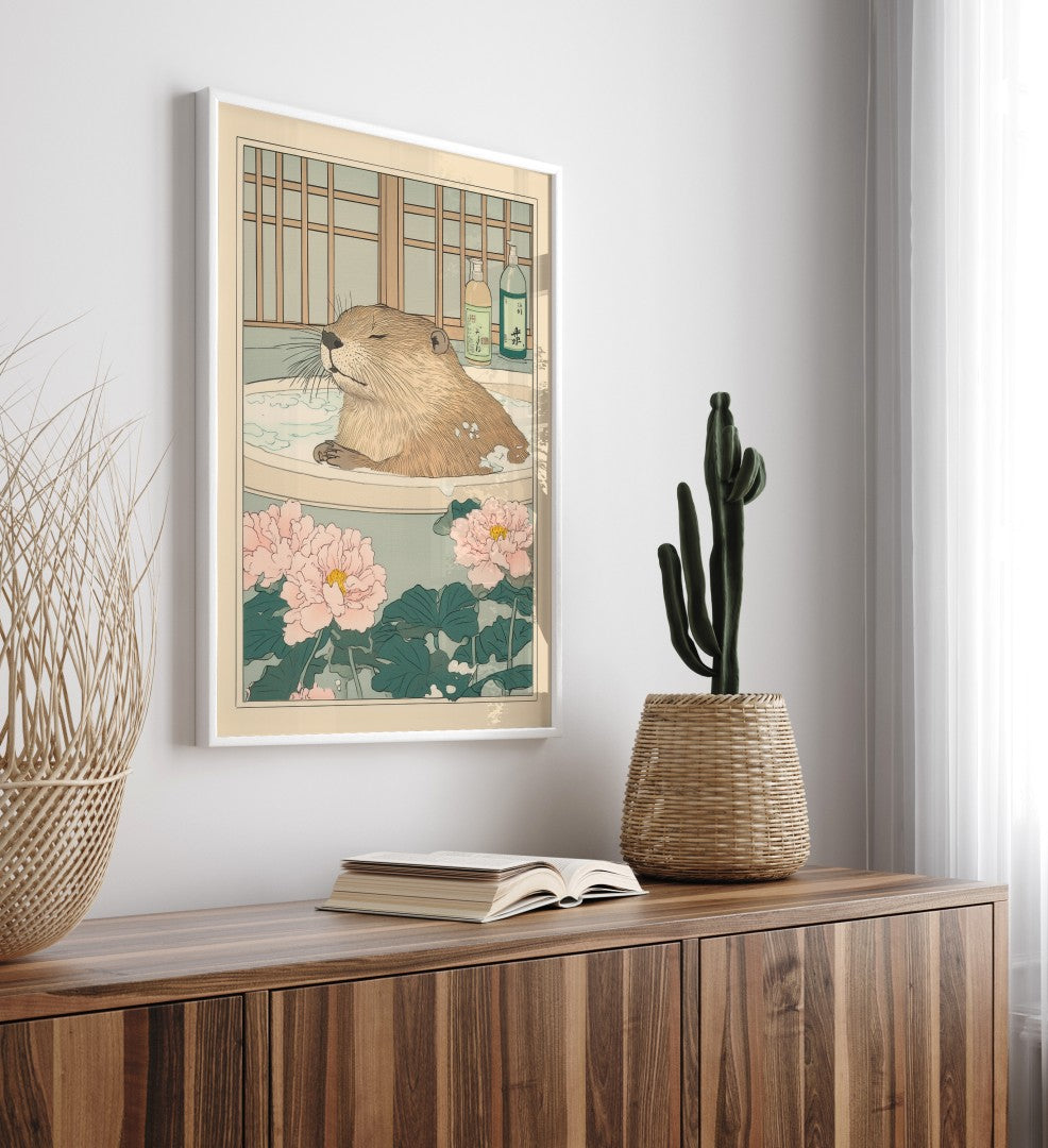 High-quality framed beaver bathroom wall art with floral and botanical accents