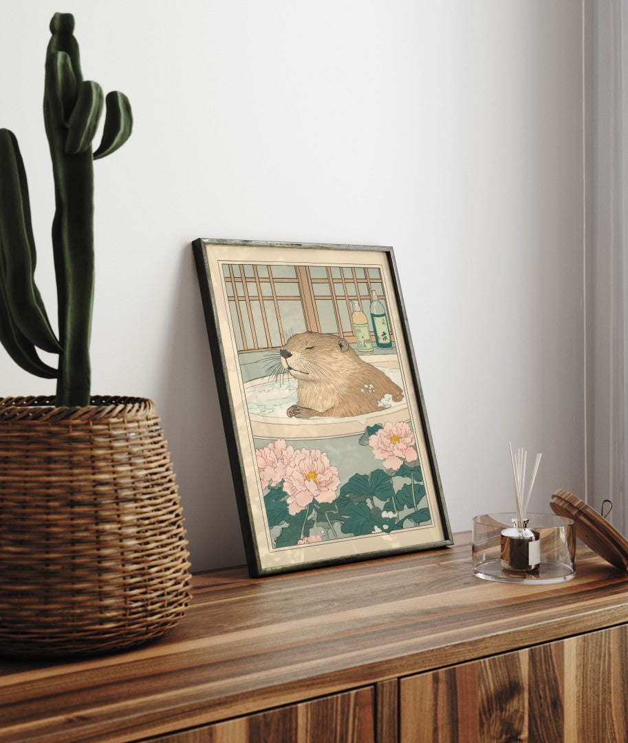 Framed bathroom decor featuring a relaxed beaver in a Japanese-style soak