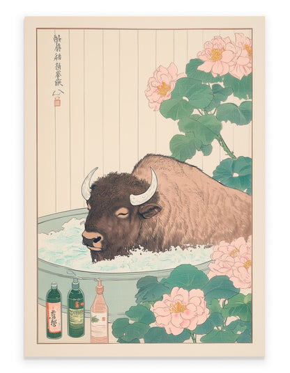 Bison soaking in a Japanese floral bath with blossoms and soft background