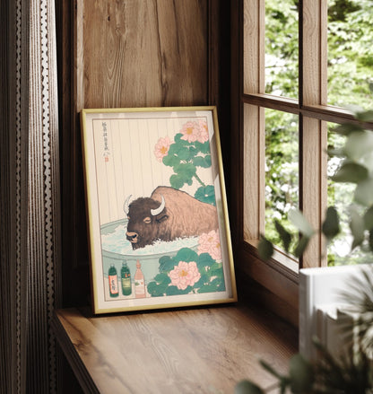 Framed bathroom print of a bison in a peaceful, flower-filled setting