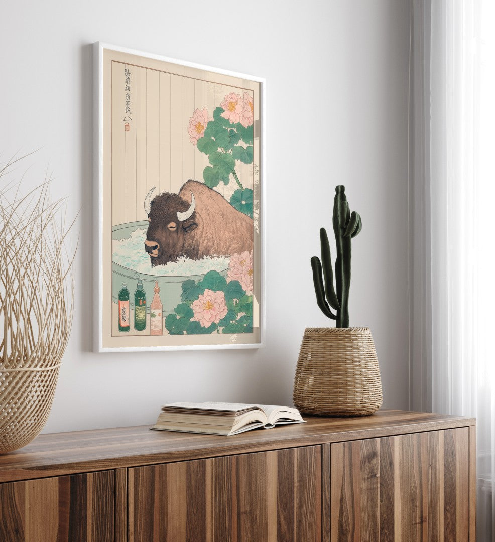 High-quality framed bison bathroom wall art with botanical and rustic charm