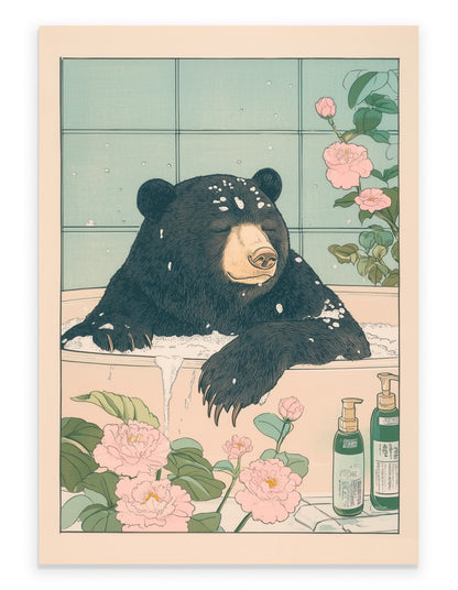 Sun bear relaxing in a Japanese floral bath with blossoms and soft colors