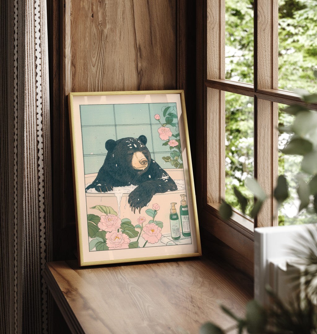 Framed sun bear bathroom wall art with pastel florals and peaceful vibe