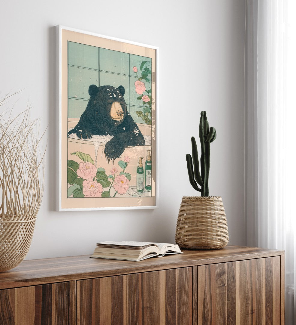 High-quality framed sun bear bathroom print with soft botanical background