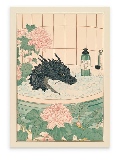 Black dragon soaking in a floral Japanese bath with petals and soft atmosphere