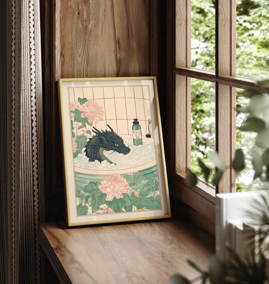 Framed black dragon bathroom print with fantasy tones and botanical detail