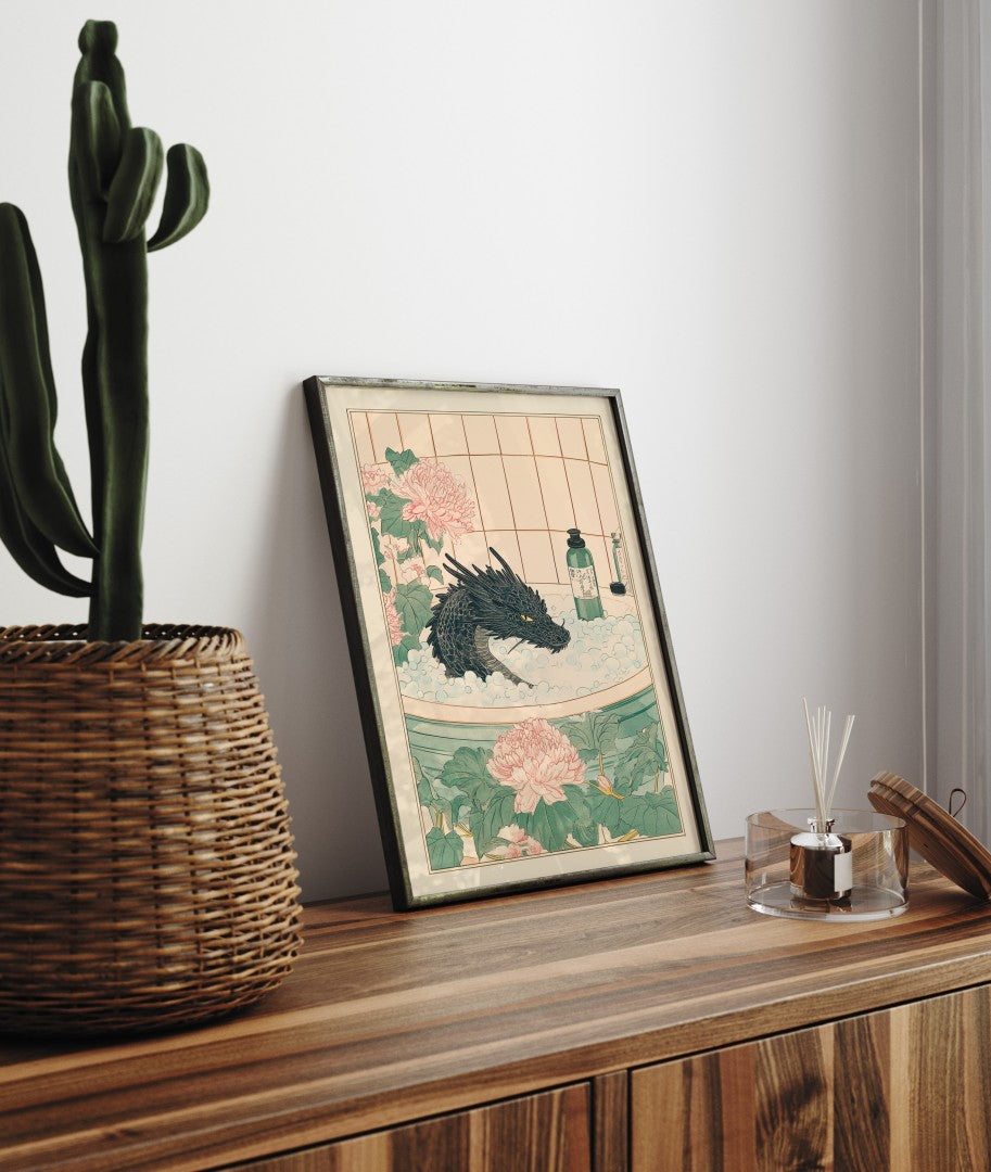 Framed bathroom decor featuring a calm black dragon in a peaceful floral soak