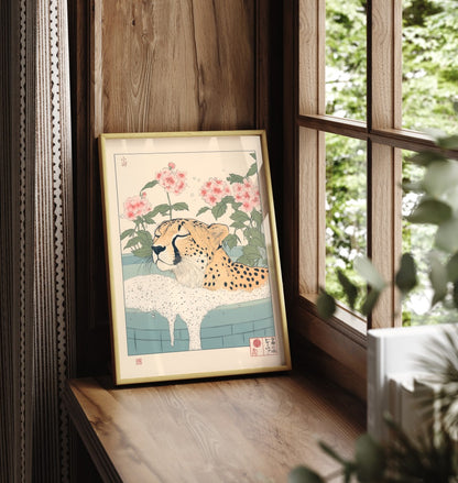Framed cheetah bathroom print with calm expression and botanical setting