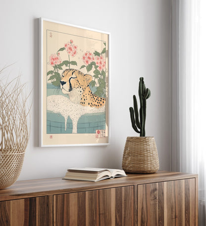 High-quality framed cheetah bathroom wall art with floral accents and gentle light