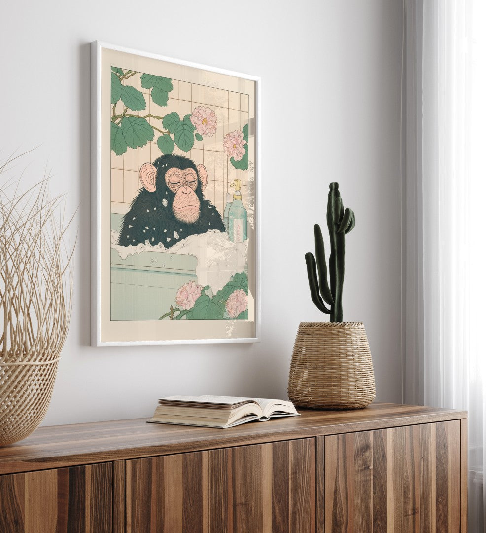 High-quality framed chimpanzee bathroom wall art with pastel florals