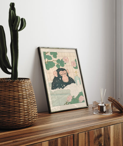 Framed bathroom decor featuring a chimpanzee in a peaceful Japanese-style soak