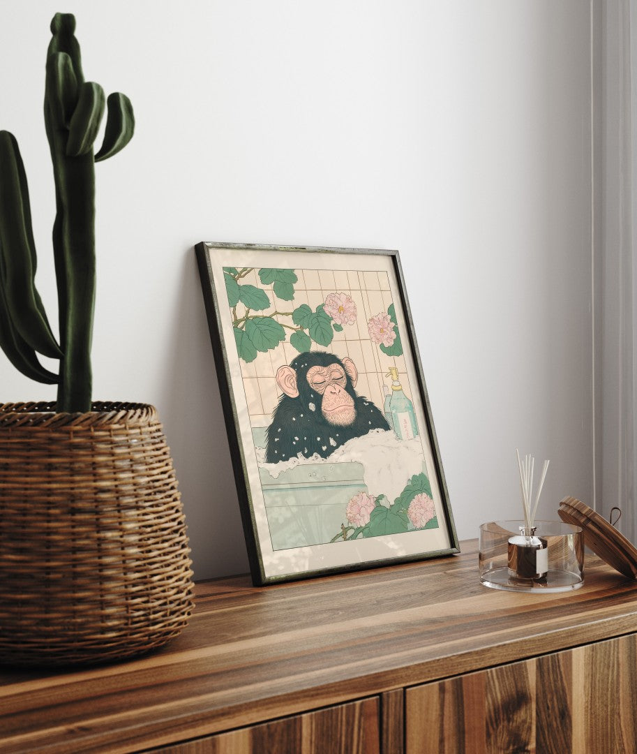 Framed bathroom decor featuring a chimpanzee in a peaceful Japanese-style soak