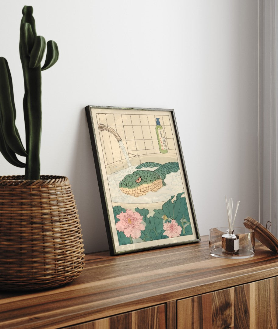 Framed bathroom decor featuring a calm snake in a Japanese-style floral bath