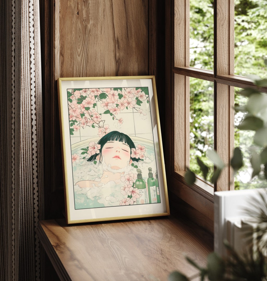 Framed woman bathroom print with gentle blossoms and calming tones