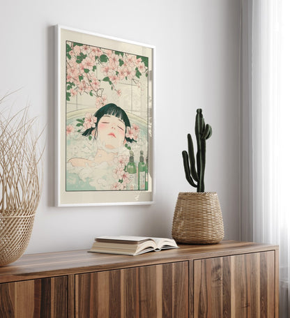 High-quality framed bathroom wall art of a woman in a flower-filled soak