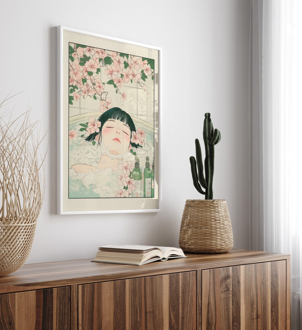 High-quality framed bathroom wall art of a woman in a flower-filled soak