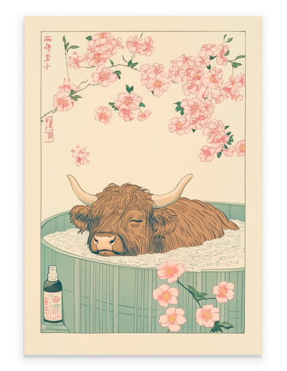 Highland cow resting in a floral Japanese bath with soft petals and warm tones