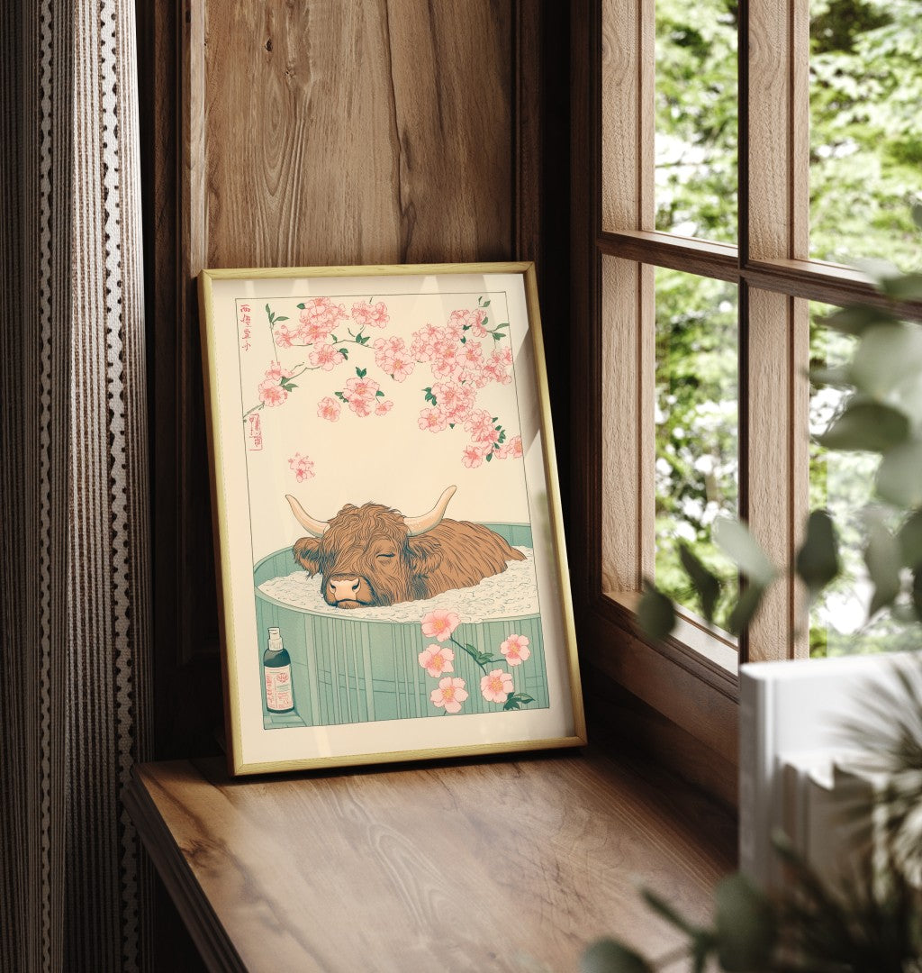 Framed bathroom print featuring a Highland cow in a flower-filled soak