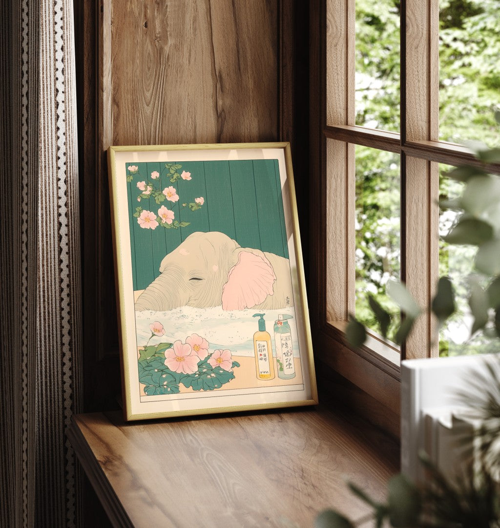 Framed elephant bathroom print with gentle colors and botanical accents