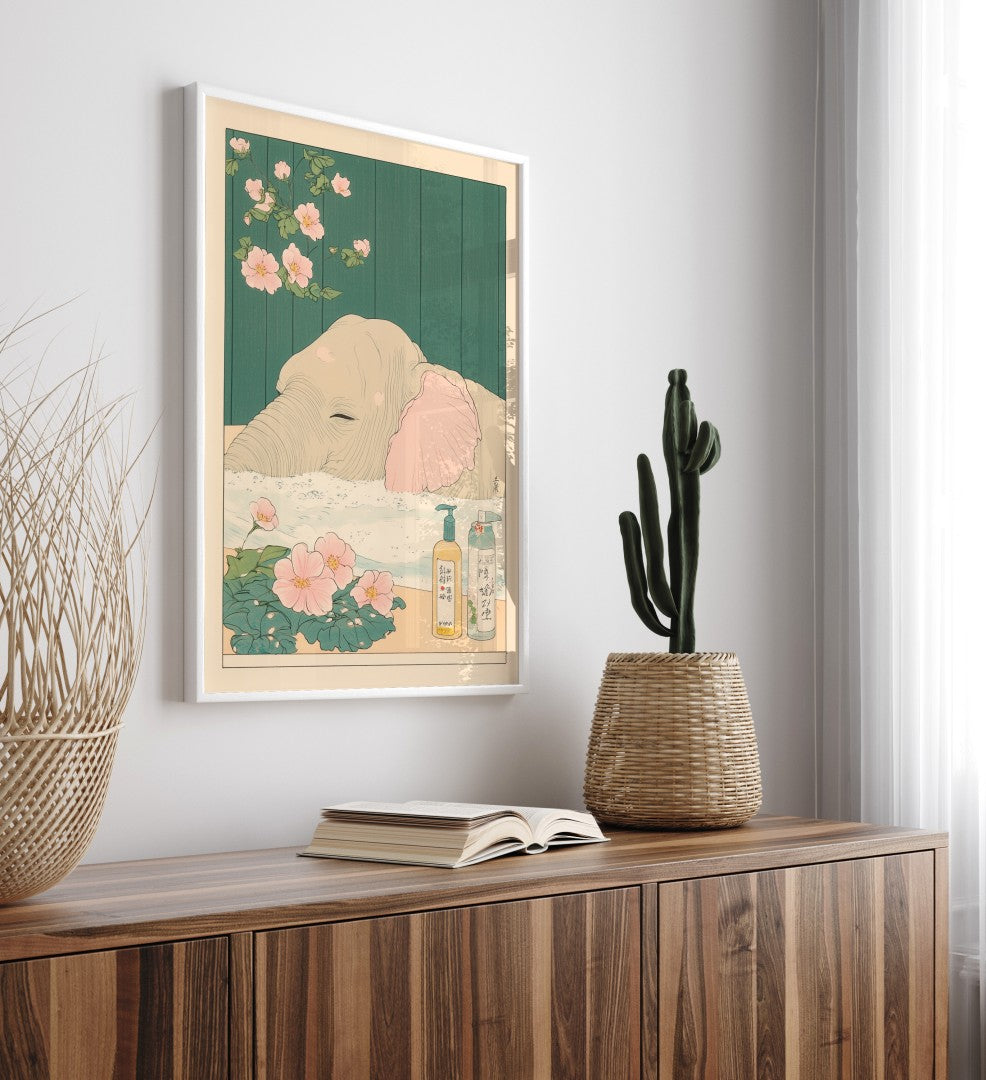 High-quality framed elephant bathroom wall art with soft floral design