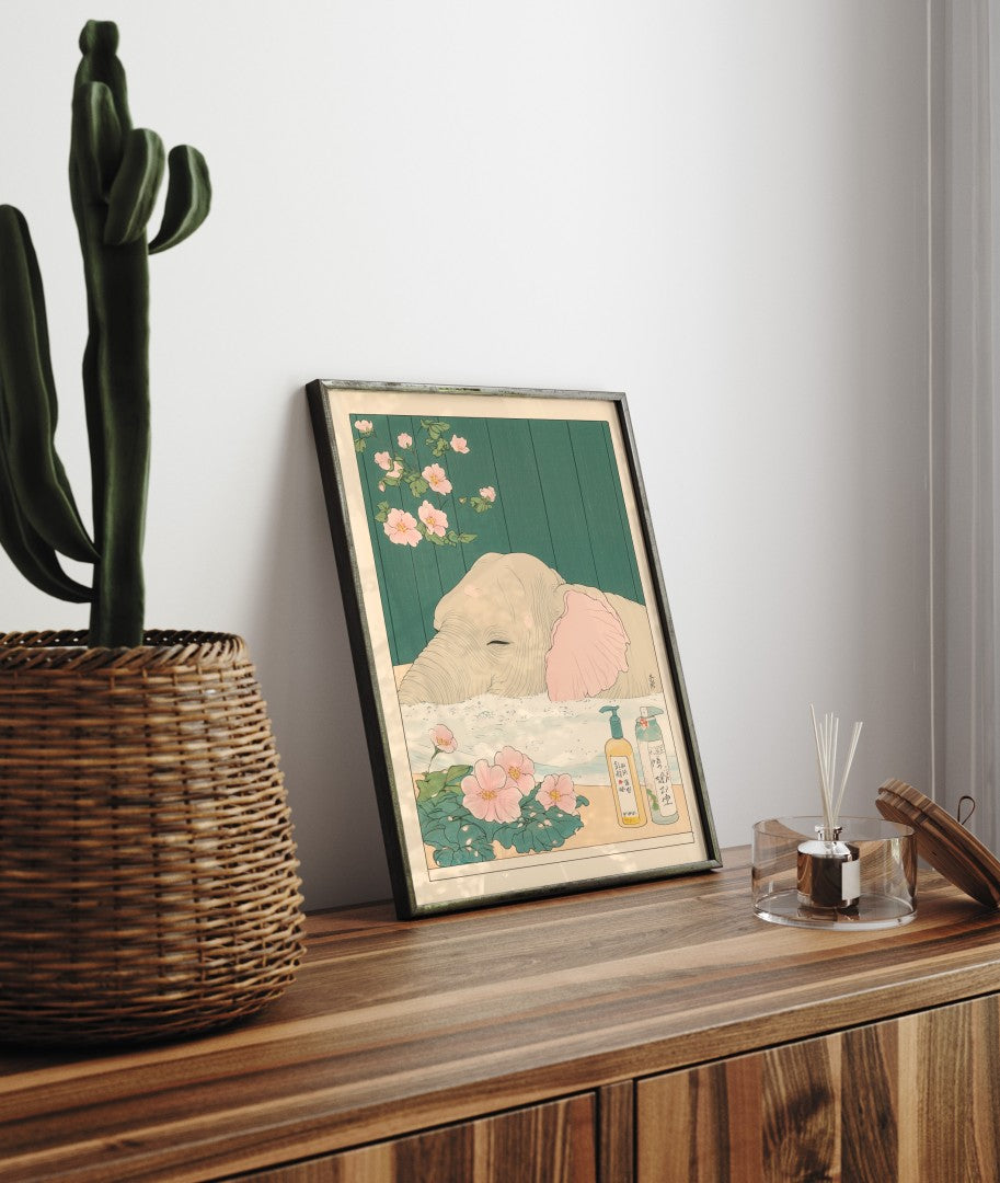 Framed bathroom decor featuring a relaxed elephant in a Japanese-style flower bath