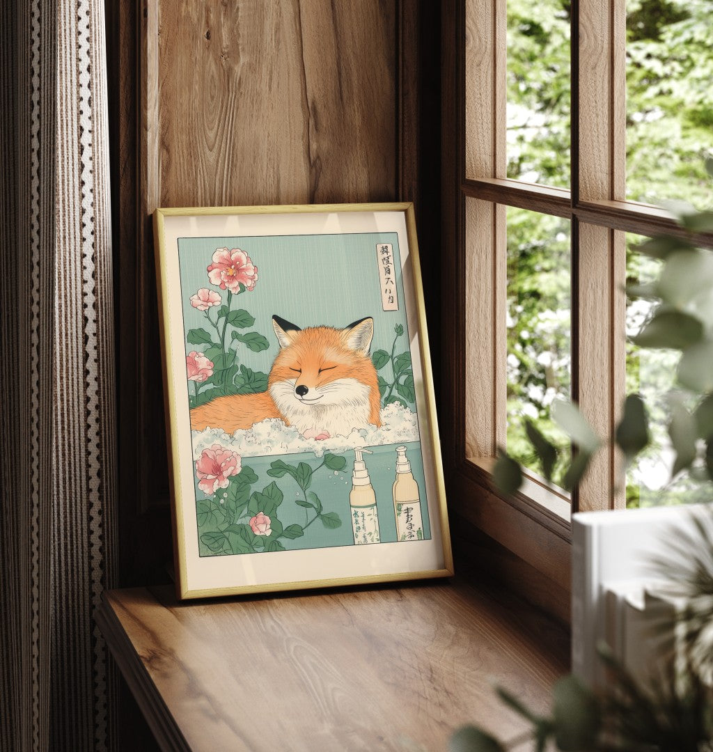 Framed fox bathroom print with pastel petals and gentle woodland tones