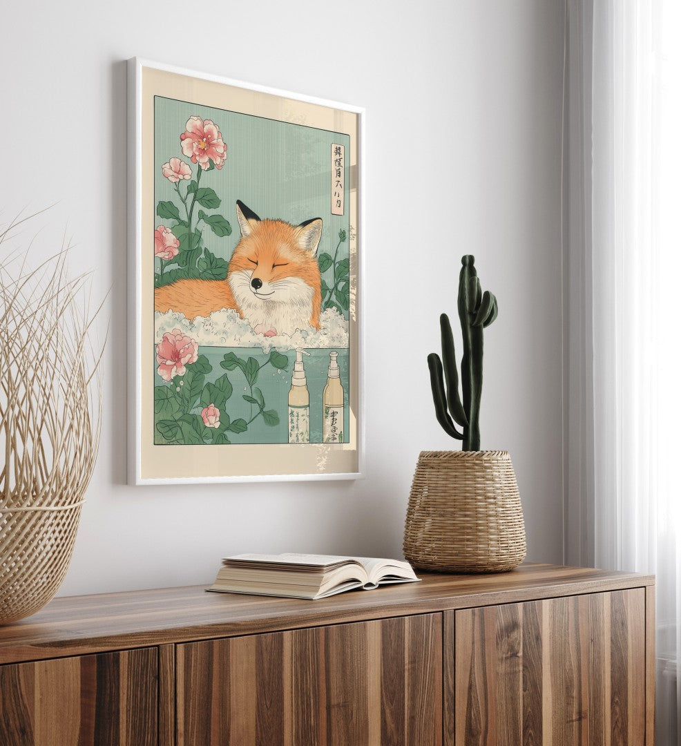 High-quality framed fox bathroom wall art with calm expression and floral accents