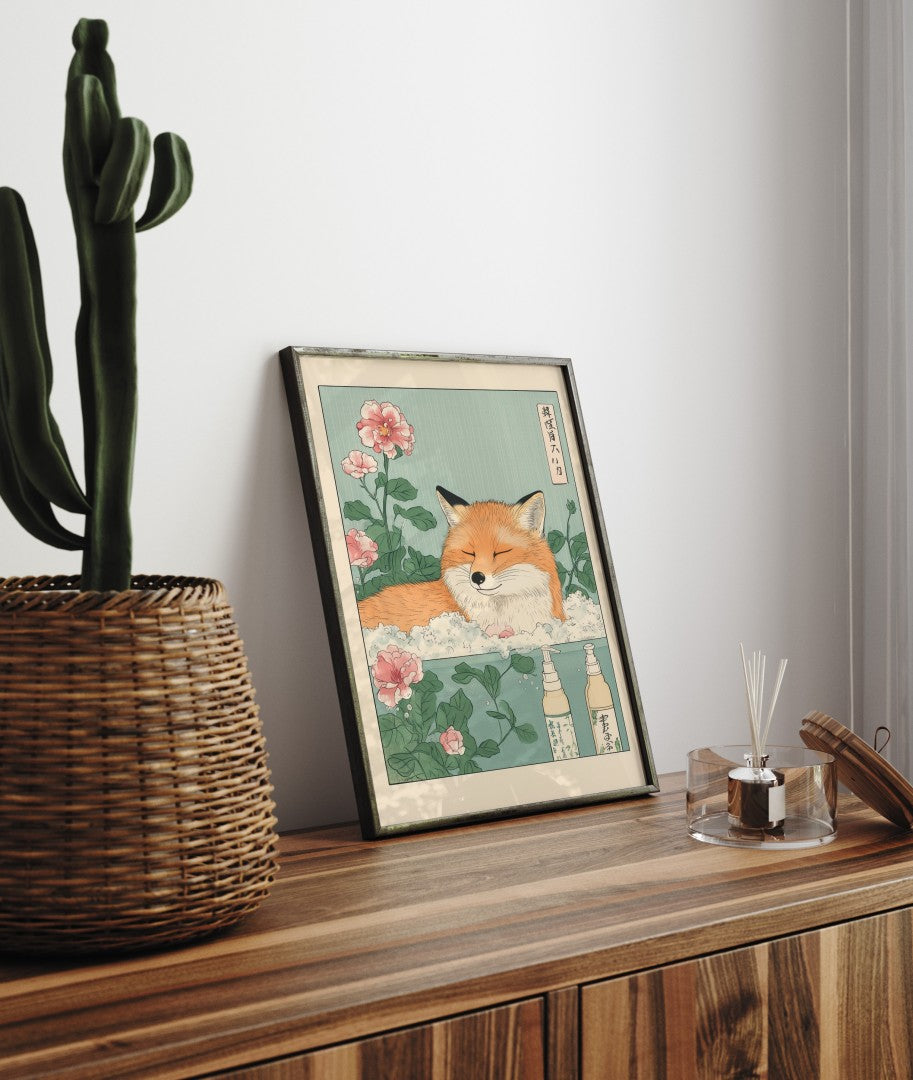 Framed bathroom decor showing a fox soaking peacefully in a Japanese-style flower bath