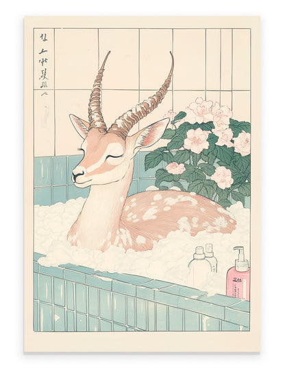 Gazelle soaking in a floral Japanese bath with soft petals and warm tones