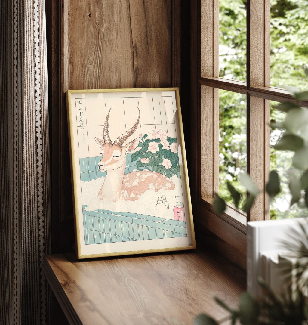 Framed gazelle bathroom print with natural background and floral calm