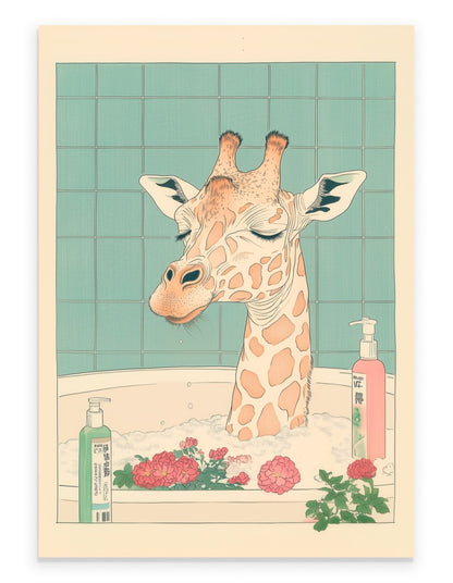 Giraffe sitting in a Japanese floral bath surrounded by soft petals