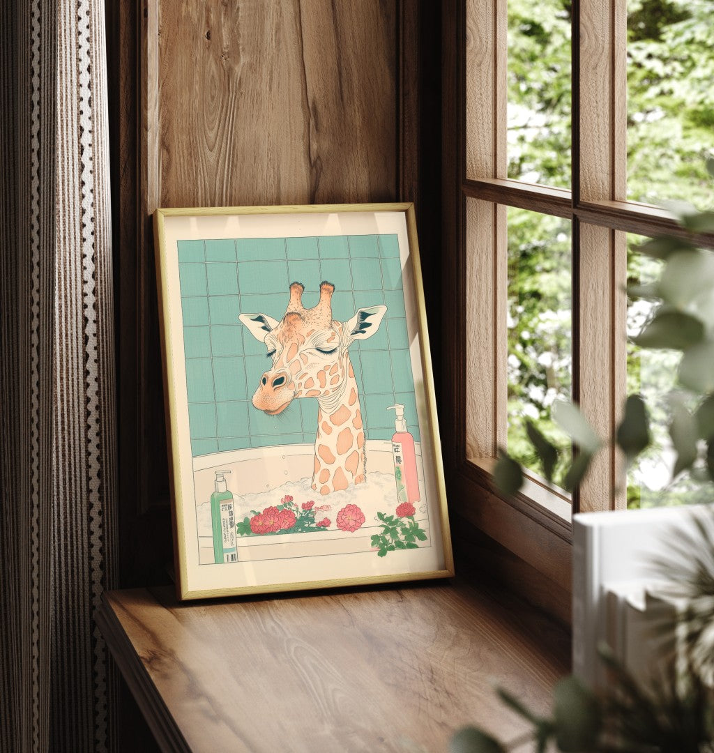 Framed giraffe bathroom print with botanical tones and peaceful detail