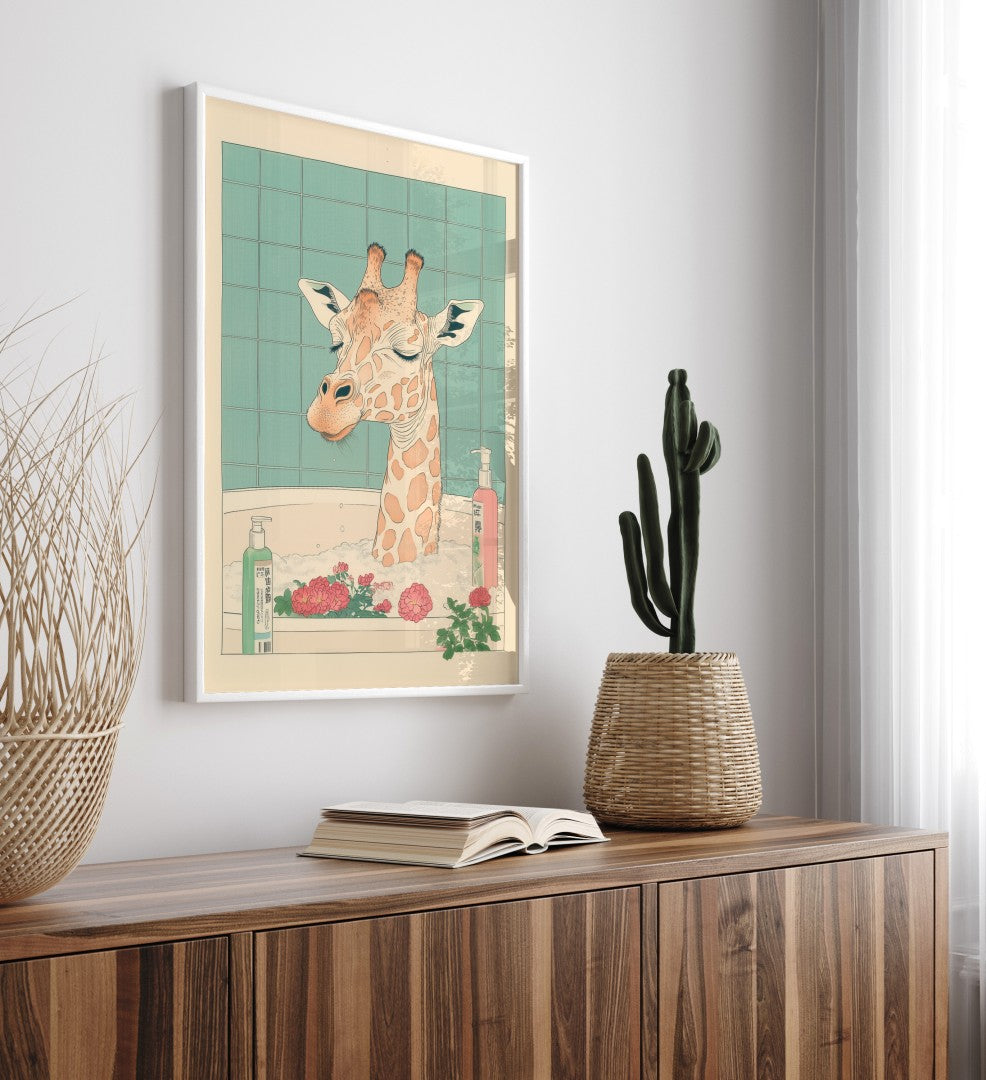 High-quality framed giraffe bathroom wall art with gentle pastels and floral design