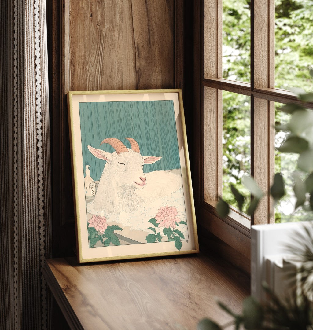 Framed goat bathroom print with floral details and cottagecore styling