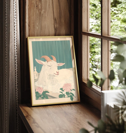 Framed goat bathroom print with floral details and cottagecore styling