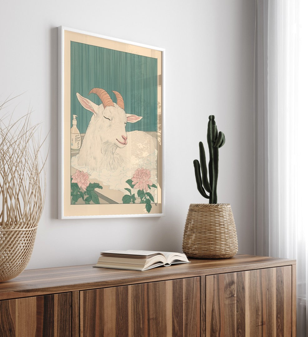 Framed bathroom decor featuring a playful goat in a Japanese-style flower bath