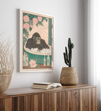 High-quality framed gorilla bathroom wall art with soft floral tones and calm posture