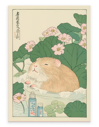 Guinea pig relaxing in a Japanese-style floral bath with soft petals and warm color