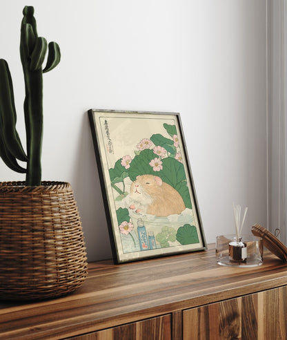Framed bathroom decor featuring a sweet guinea pig in a flower-filled Japanese bath