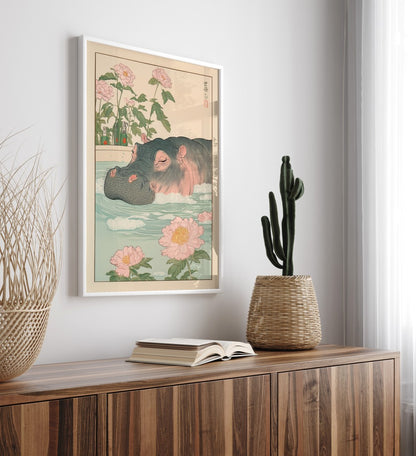 High-quality framed hippo bathroom wall art with soft tones and peaceful mood