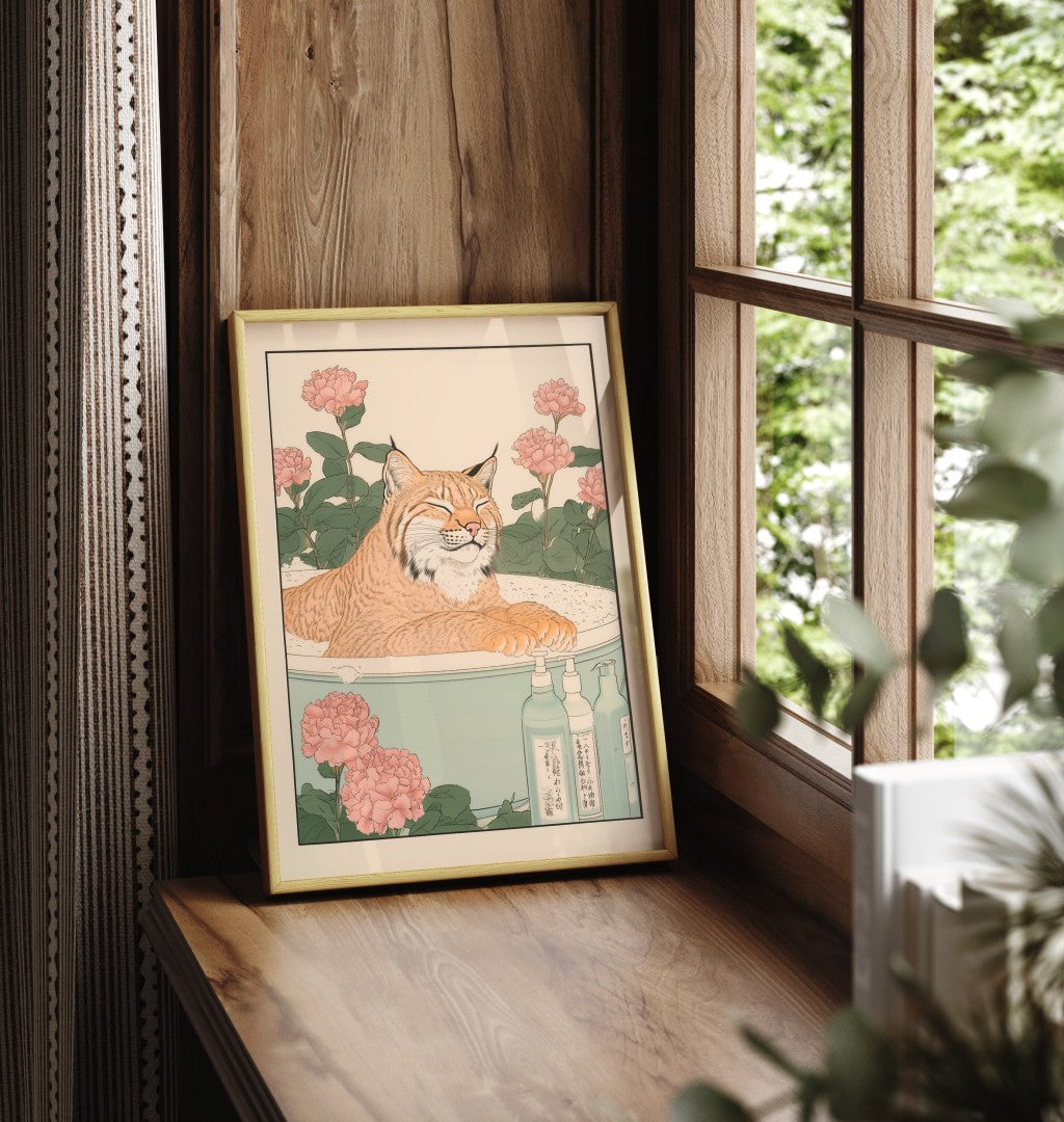 Framed lynx bathroom wall art with a peaceful look and botanical details