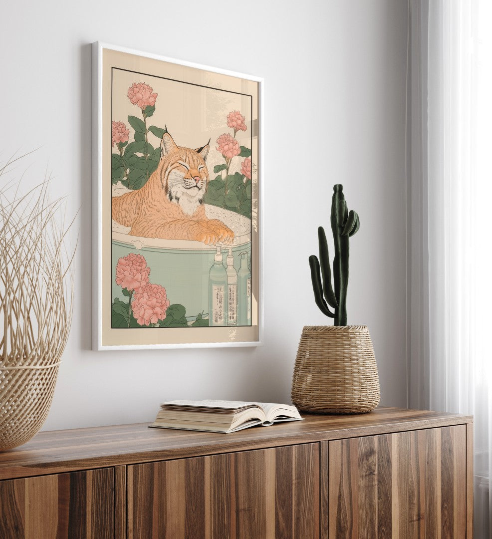 High-quality framed lynx bathroom print with floral background and soft color